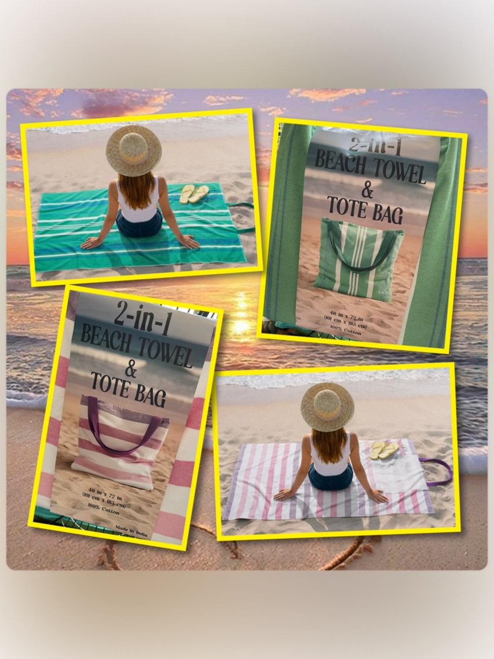 2-in-1 Beach Towel & Tote Bag - Striped Green and Pink Options